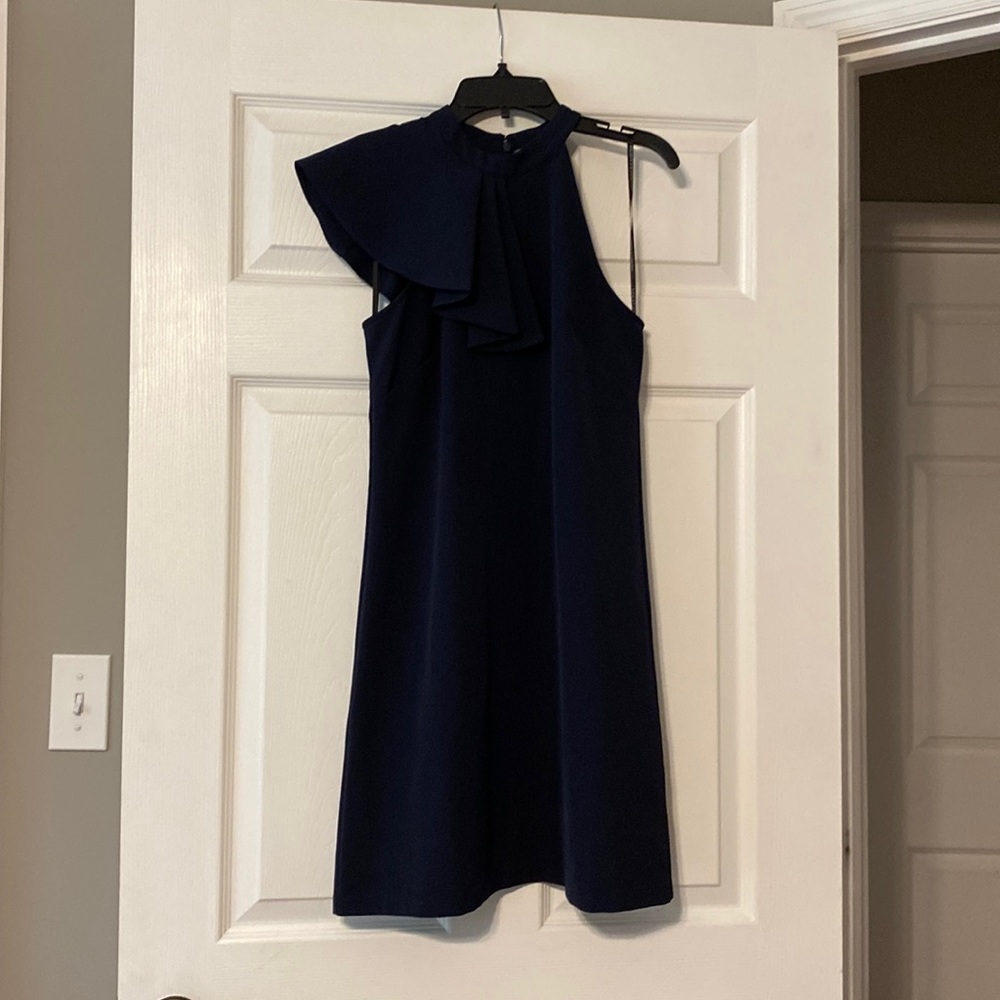 Navy shift dress with asymmetrical neckline